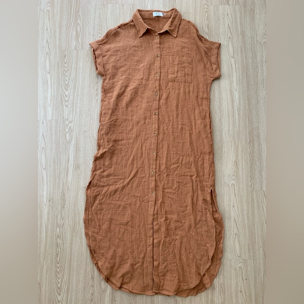 Camel woven cotton button up midi maxi dress nwot - Picture 4 of 6